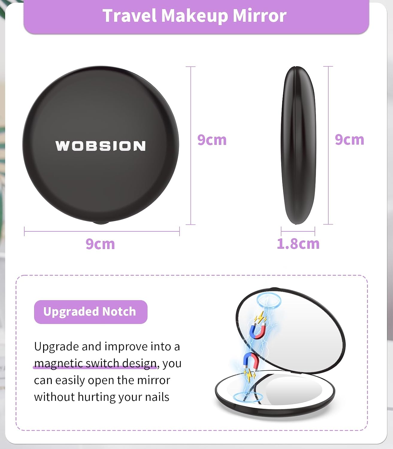 WOBSION Compact Mirror, Travel LED Makeup - Image 3