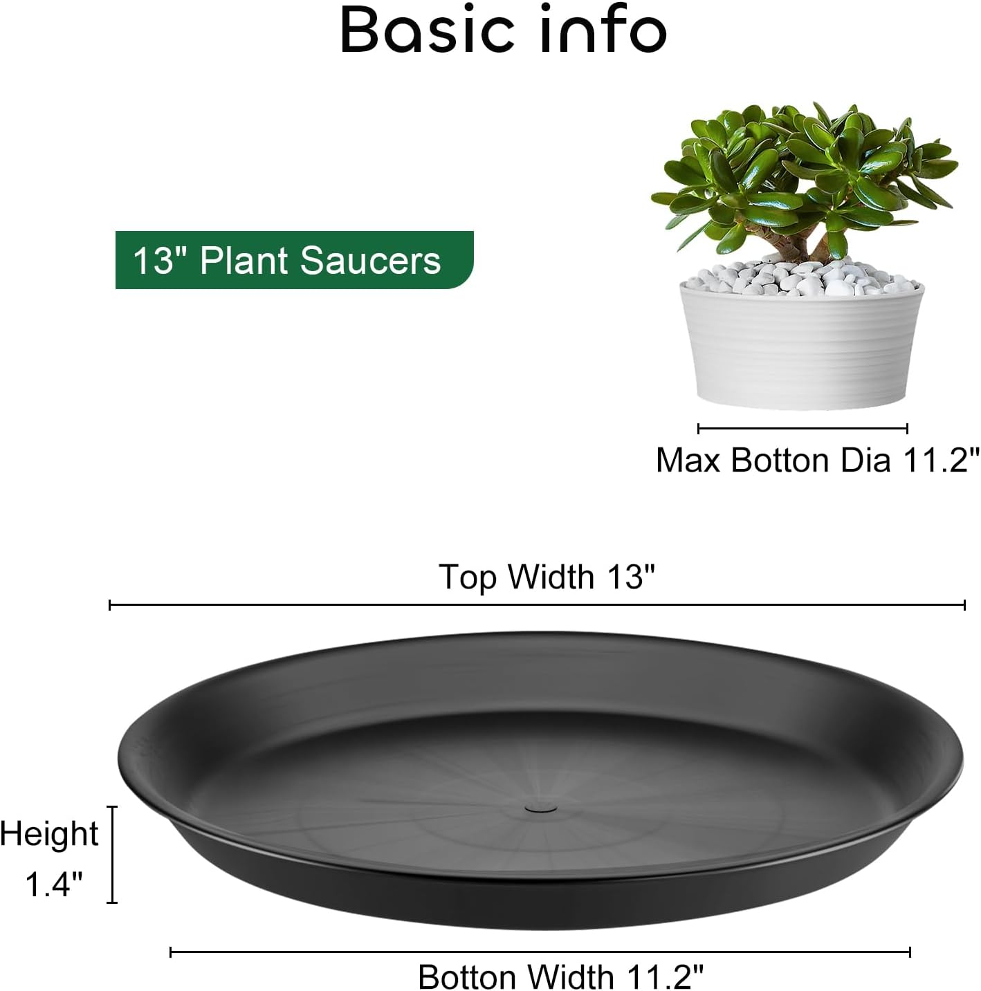 GROWNEER 6 Packs 13 Inches Plant Saucer Plant Drip Trays, Plastic Plant Trays for Pots, Heavy Duty Pot Drip Tray for Indoors Outdoor Flower Planters, Black