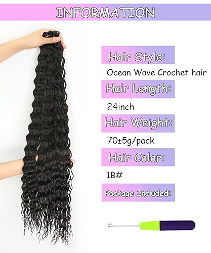 Miniatura 2 de Cabello rizado trenzado de 24 pulgadas, 2 paquetes de cabello ondulado profundo con ganchillo, cabello largo ondulado para mujer, extensiones de
