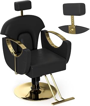 Reclining Salon Chair Black and Gold Barber Chair Hydraulic Height Adjustable Styling Chair 360 Swivel Comfortable Recliner Chair for Hair Stylist, Lifting Headrest Design