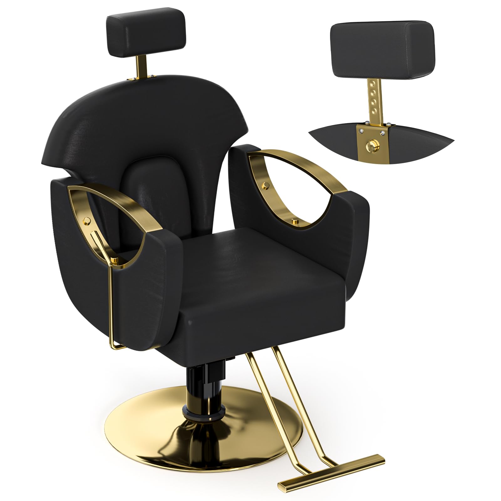 Reclining Salon Chair Black and Gold Barber Chair Hydraulic Height Adjustable Styling Chair 360° Swivel Comfortable Recliner Chair for Hair Stylist,