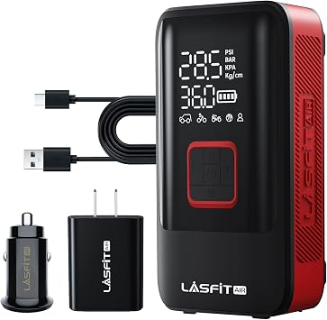 [2025 Upgraded] LASFIT AIR TK1 Tire Inflator Portable Air Compressor [5X Fast Inflation&Fits Large Tires] Smart Cordless Air Pump with Power Kit