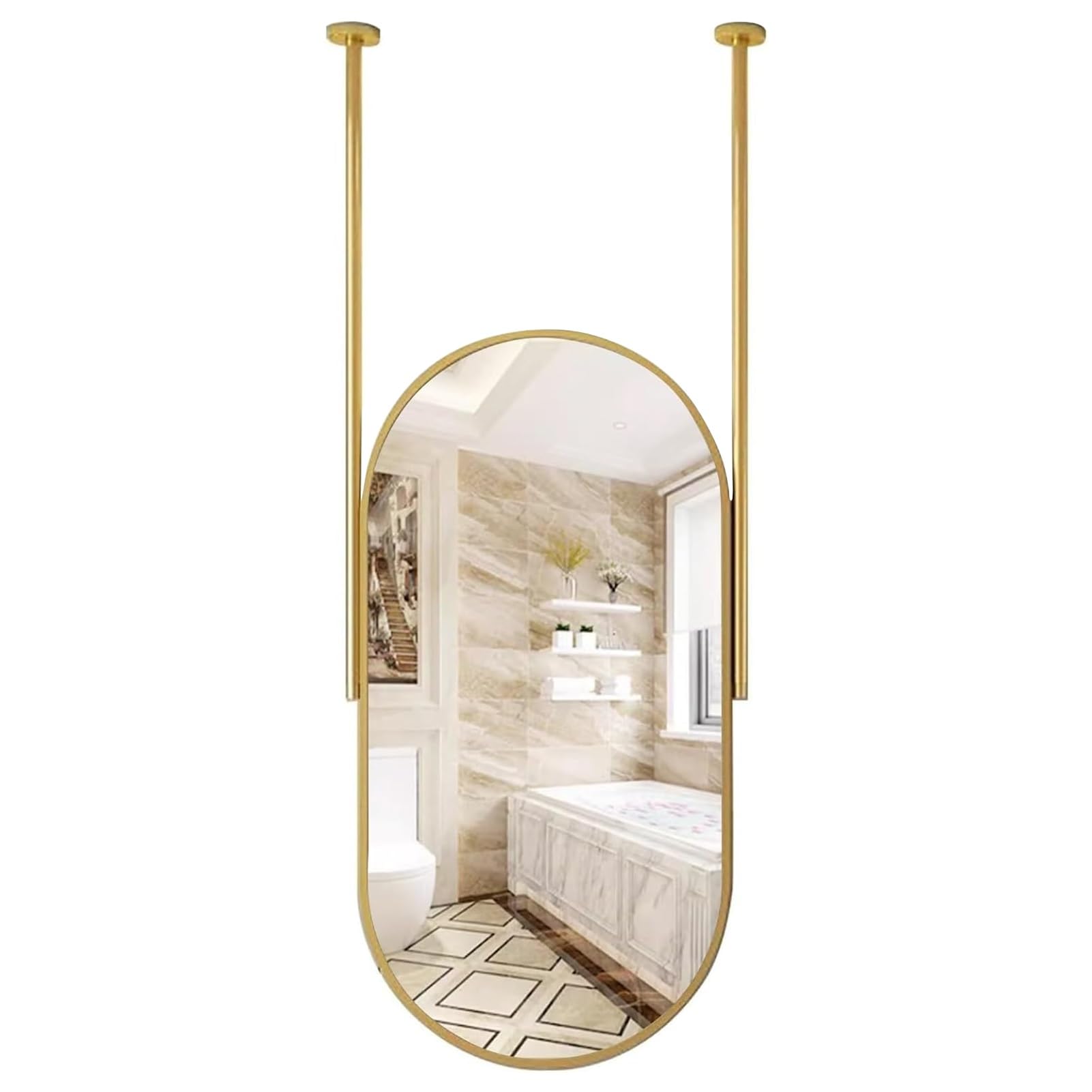 GLJTUO Bathroom Mirror, Wall Hanging Mirror with Gold Metal Frame for Vanity, Decorative Suspended Floating Rods, Oval Ceiling Mounted Double Booms - Boom can be customizable,size_name-50x60cm