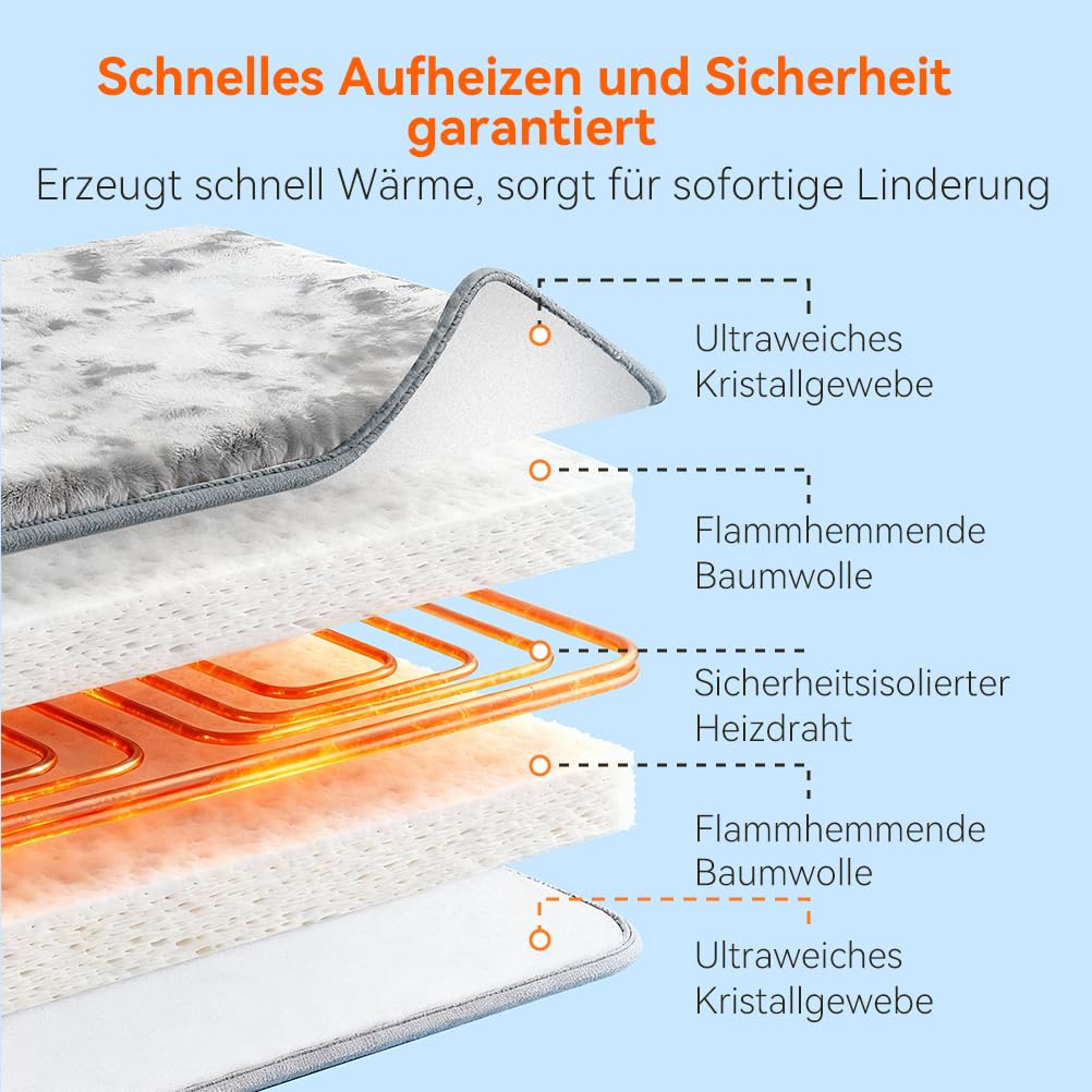 Heizkissen für Rücken Schulter Nacken, 60x100cm Heizkissen Automatische Abschaltfunktion mit Taillenriemen, 6 Heizstufen und Timer, Schnelle Erwärmung, Maschinenwaschbar Wärmekissen
