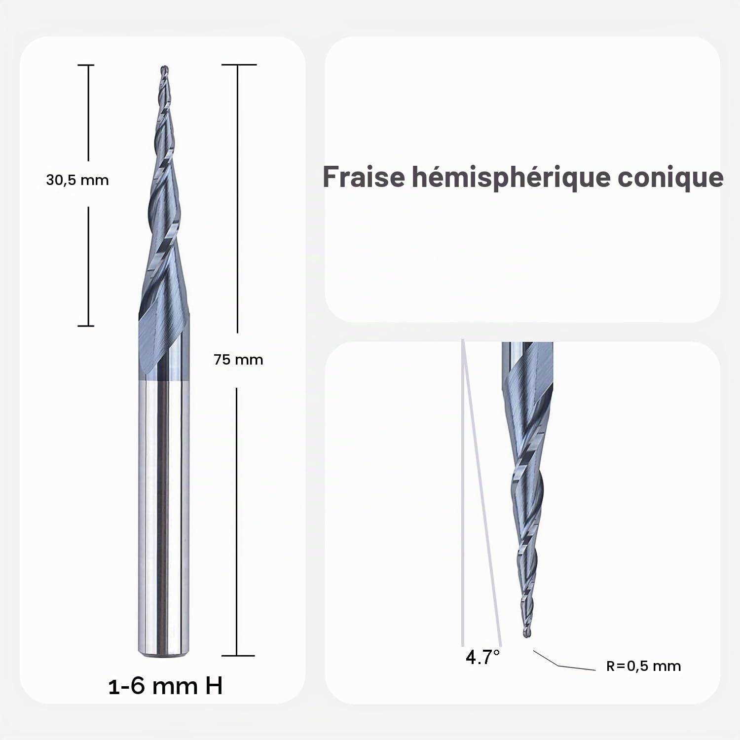 SpeTool Fraise Conique Fraise Defonceuse 6mm Rayon de 0,5 mm 4,7 Degrés Fraise CNC en Carbure de Tungstène avec Revêtement TiAIN pour la Sculpture et la Gravure en 2D et 3D dans le Travail du Bois