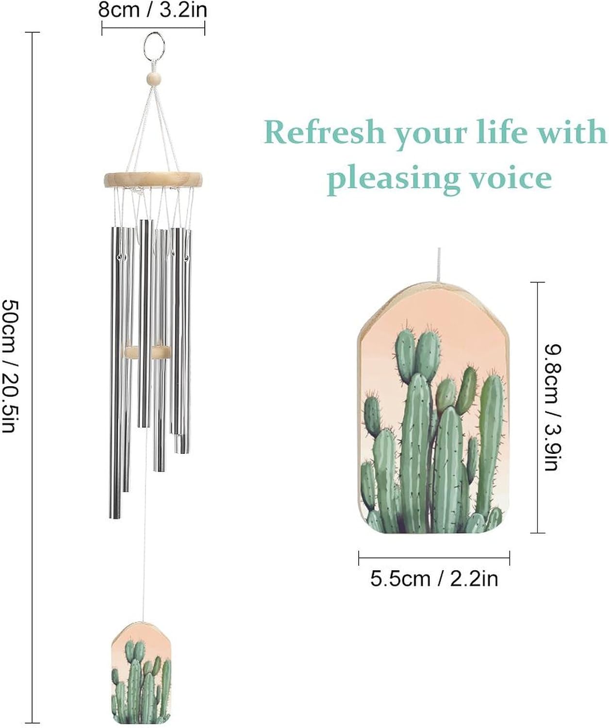 Outdoor Wind Chimes, Watercolor Green Cactus Printed Wind Chimes,Simple Wind Chimes,Curtain Wind Chimes for Home Decoration