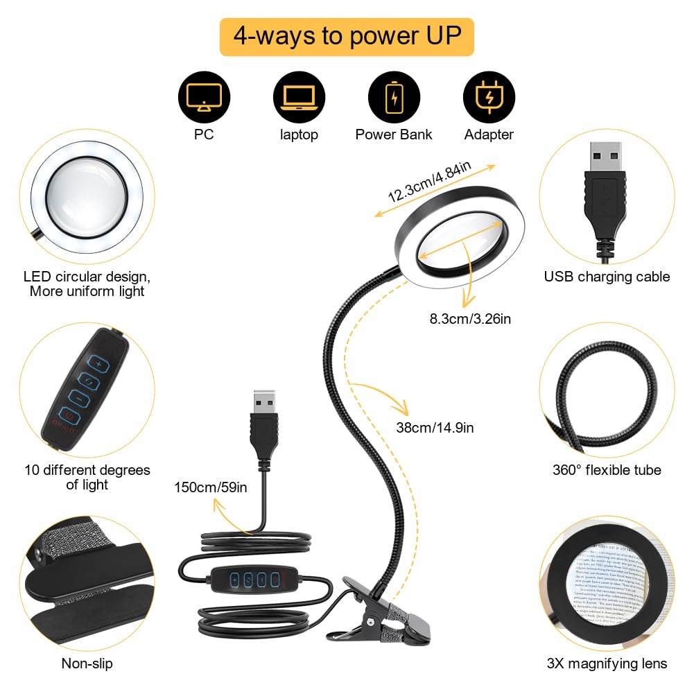 Lámpara de Lupa con Aumento 5X, Luz LED 3 Colores 10 Brillo, Cuello Flexible 360°, USB Portátil