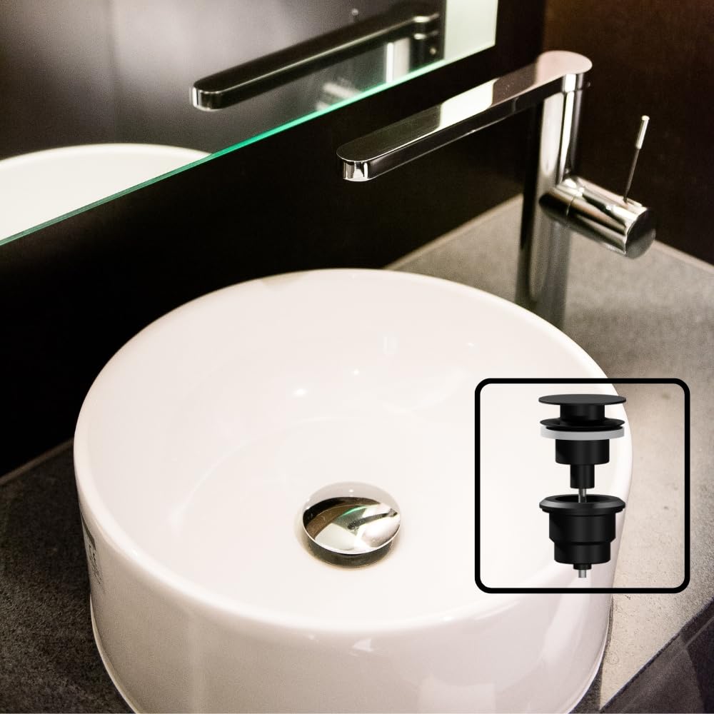 AQG - Válvula Clic-Clac Universal para Lavabo - Tapón Plano - Compatible con Rebosadero y Sin Rebosadero - Diseño Elegante y Alta Durabilidad (Negro)