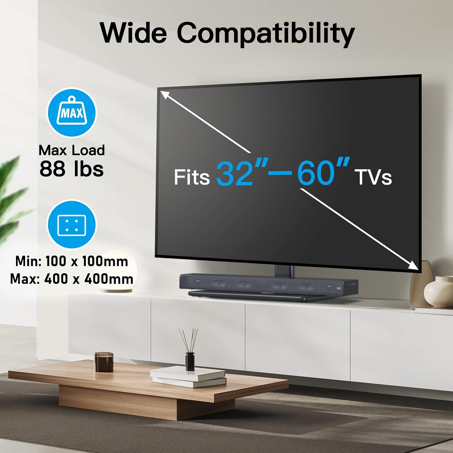PERLESMITH Universal TV Stand Table Top TV Base for 32 to 60 inch LCD LED OLED 4K Flat Screen TVs-Height Adjustable TV Mount Stand with Tempered Glass Base, VESA 400x400mm,Holds up to 88lbs PSTVS15
