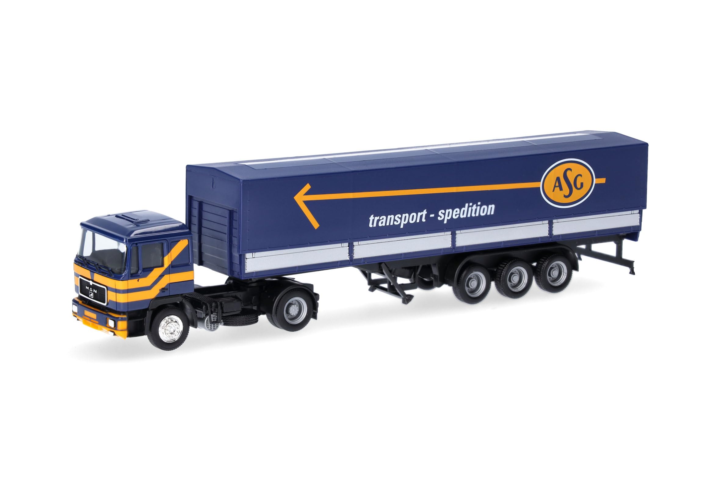 Herpa model ciężarówki MAN F90 naczepa plandekowa „ASG” (Szwecja), miniatura w skali 1:87, model kolekcjonerski, wyprodukowano w Niemczech, tworzywo sztuczne