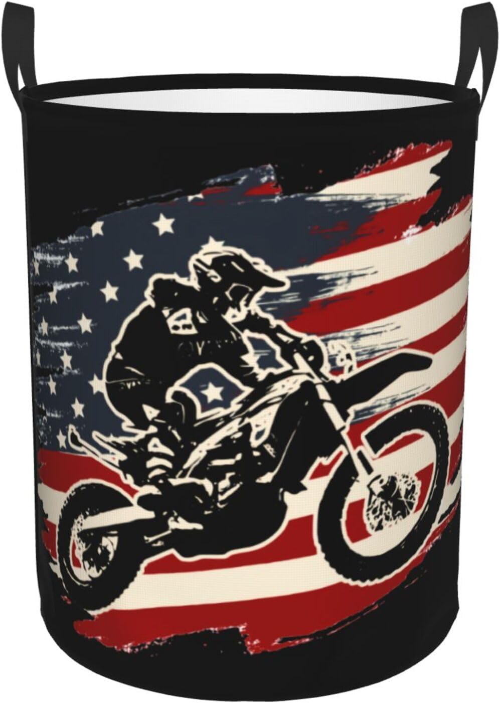 Motocross Dirt Bike American Flag Laundry Basket Collapsible Laundry Hamper Toy Storage Bin Waterproof Clothes Organizer Basket With Handle Medium