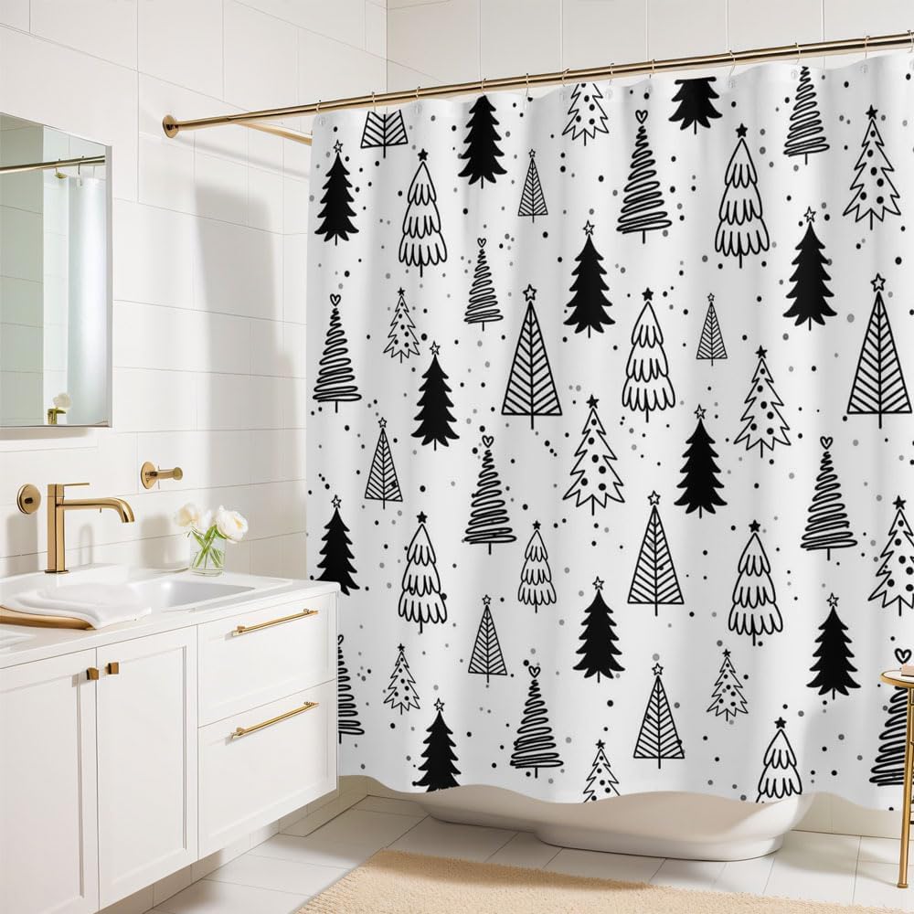 Christmas Tree Shower Curtain Black and White Pine Trees Pattern Bathroom Curtain Set Merry Christmas Holiday Polyester Fabric Bathtub Decor with 12 Hooks 72x72 Inches (Black)