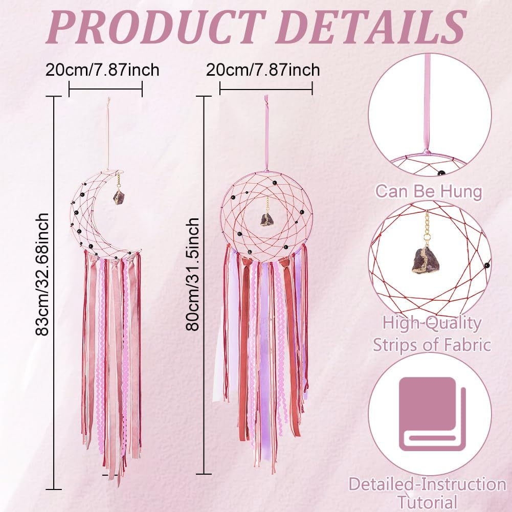 2 Set DIY Pink Moon Lace Gothic Dream Catcher Kit, Boho Handmade Dreamcatcher Kit for Wall Decor Women Gift Moon Sun DIY Gifts for Bedroom, Livingroom Christmas 7.87x32.68(20x83cm)