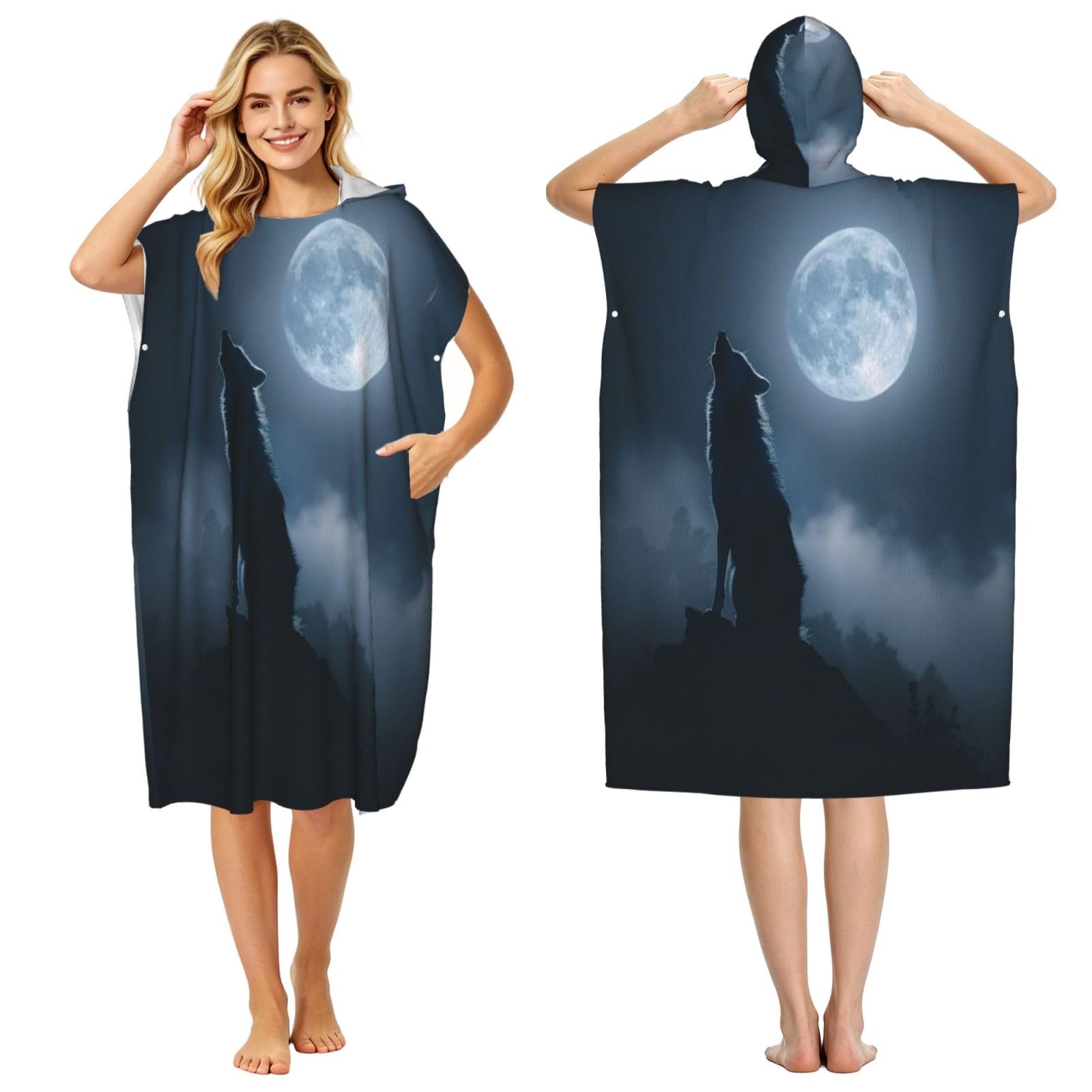 DTHKJNLSF The Wolf On A Full Moon Night Adult Hooded Beach Poncho Towel