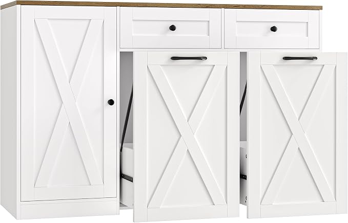 HOSTACK 12.5 Gallon Kitchen Trash Cabinet, 47" Double Trash Can Cabinet, Large Pull Out Can Storage Drawers, Wood Farmhouse Hidden Garbage Storage Buffet for Kitchen, Dining Room, White