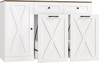 HOSTACK 12.5 Gallon Kitchen Trash Cabinet, 47" Double Trash Can Cabinet, Large Pull Out Can Storage Drawers, Wood Farmhouse Hidden Garbage Storage Buffet for Kitchen, Dining Room, White