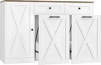 HOSTACK 12.5 Gallon Kitchen Trash Cabinet, 47" Double Trash Can Cabinet, Large Pull Out Can Storage Drawers, Wood Farmhouse Hidden Garbage Storage Buffet for Kitchen, Dining Room, White