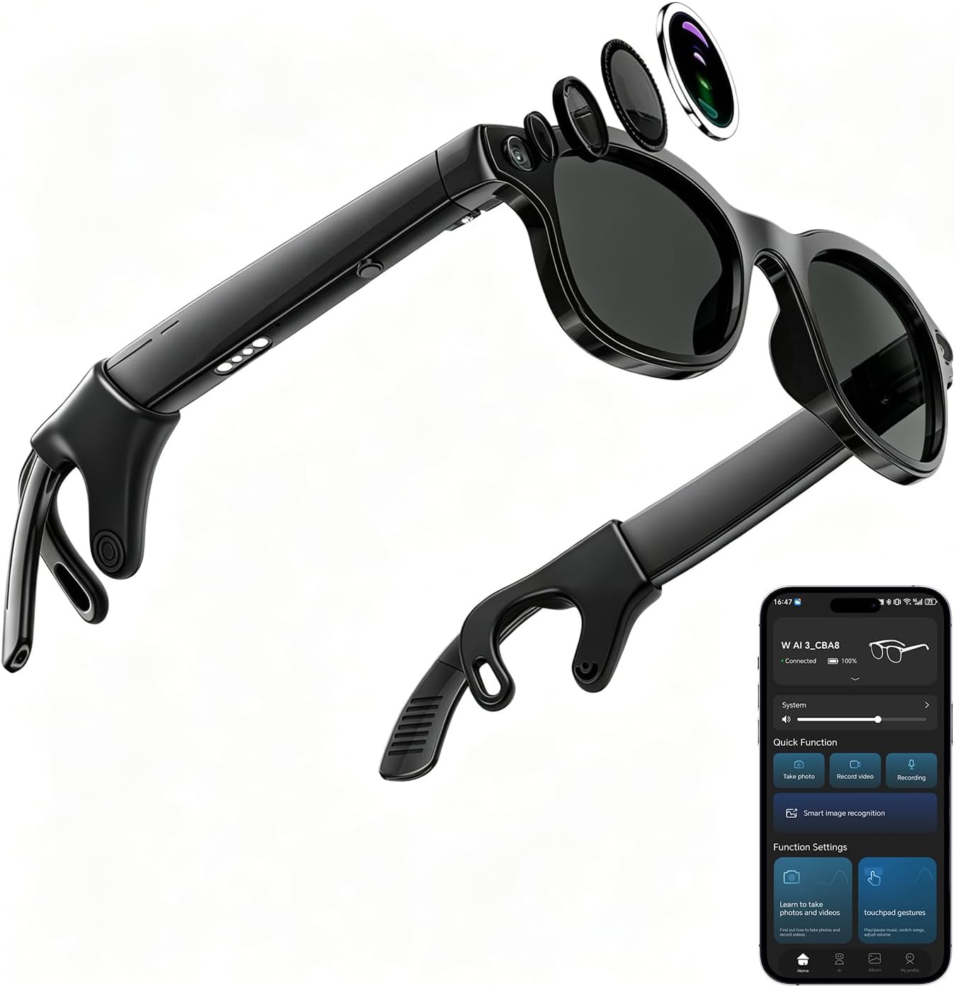 CJkao Smart Glasses with Camera, Bluetooth Music, 800W HD Camera Glasses for Video Recording, Photo Shooting, Voice Recording, AI Glasses for Men Women (W3-Black)