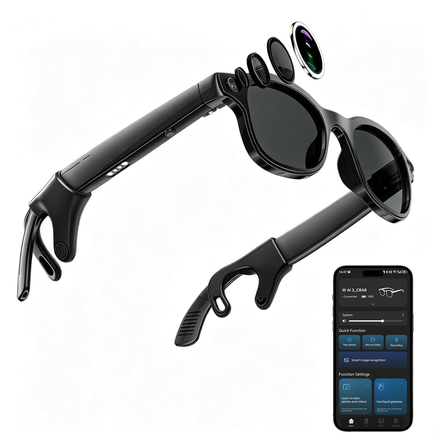 CJkao Smart Glasses with Camera, Bluetooth Music, 800W HD Camera Glasses for Video Recording, Photo Shooting, Voice Recording, AI Glasses for Men Women (W3-Black)-image-26