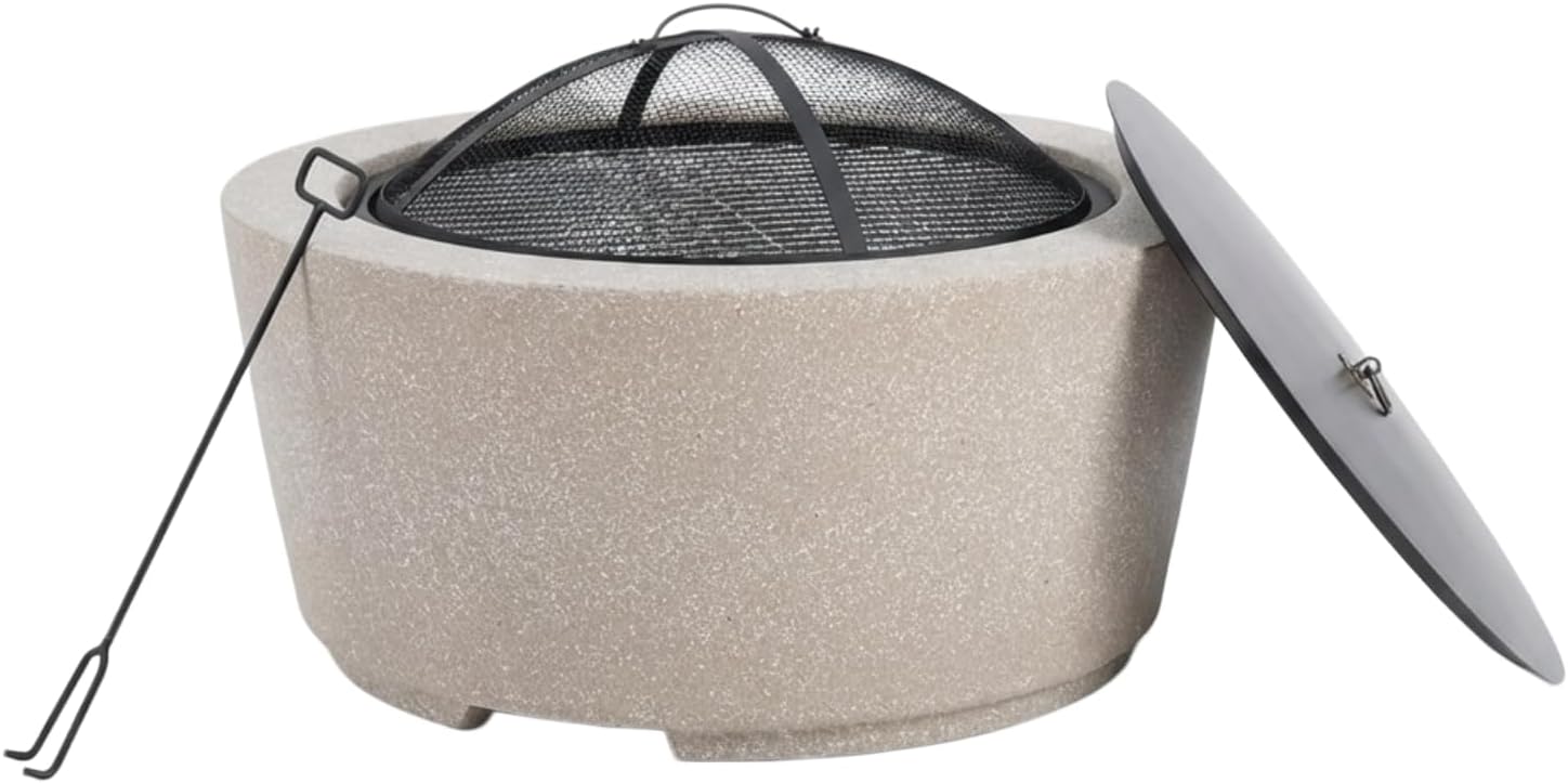 Wood Burning Concrete Outdoor Fire Pit,Heat Resistant MGO Ceramic Material Base with BBQ Grill Firepit for Patio Garden,Backyard Barbecue,Outdoor Gatherings (Round 3)