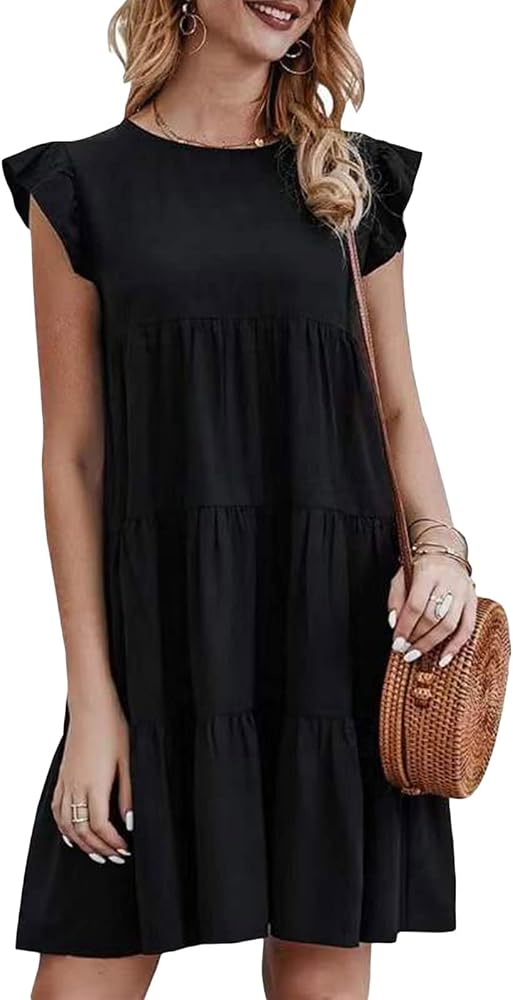 Women's Cotton Babydoll Mini Dress - U-Neck Short Sleeve Ruffle Tiered Swing Tunic In Yellow, Size X-Large - View #2
