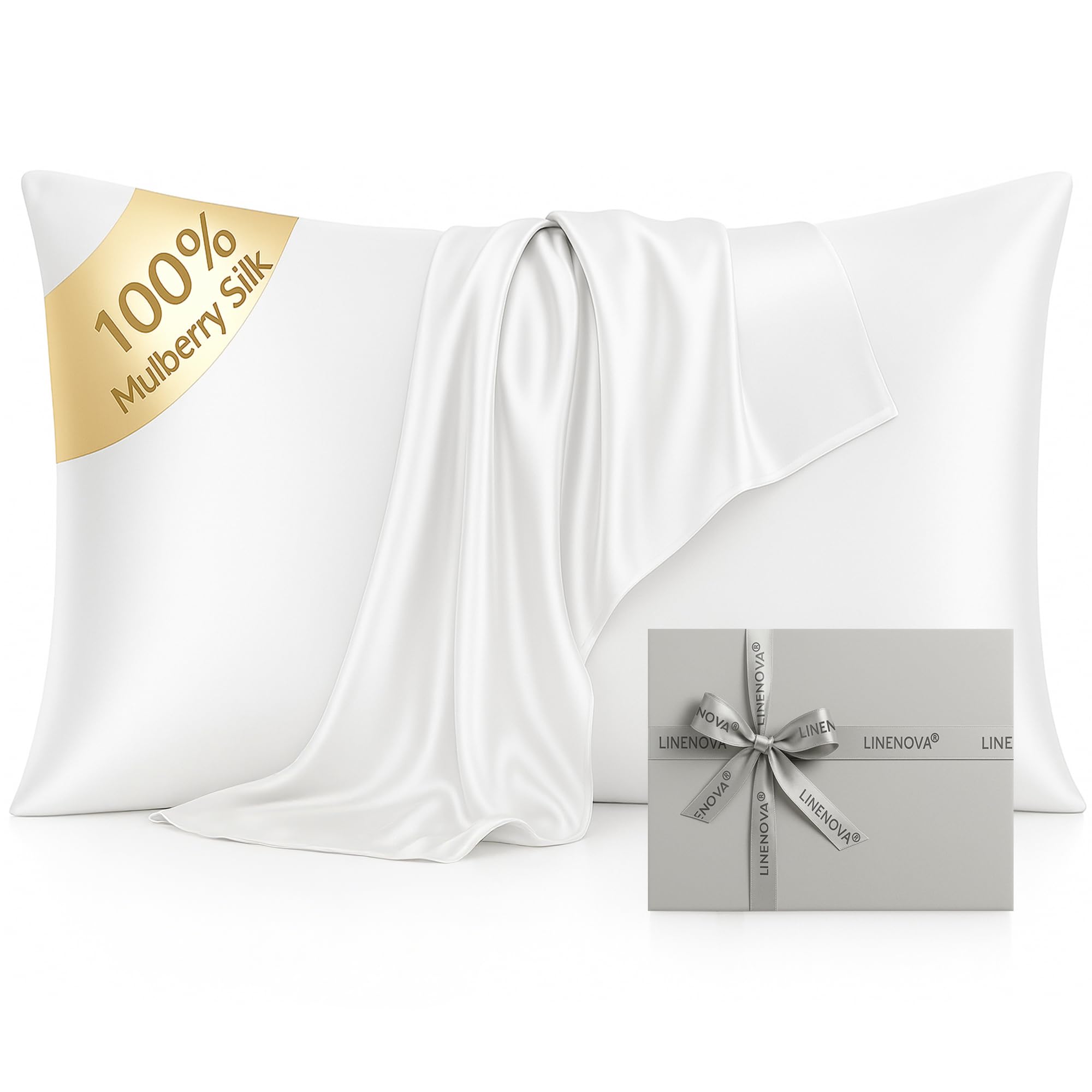 LINENOVA 100% Mulberry Silk Pillowcase Standard/Queen, 1 Pack, White