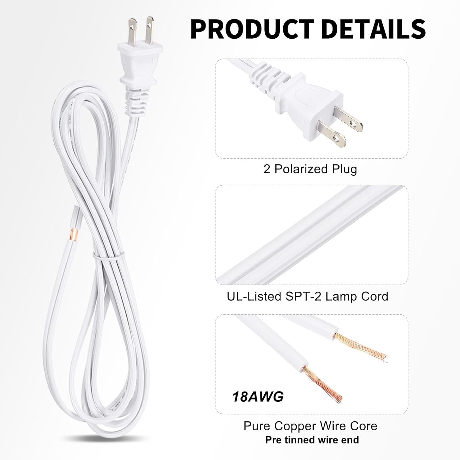 10 Pack Lamp Cord with Plug- 8.2ft (2.5m), SPT-2, 18AWG White Power Cable for Table Lamps, Fans or Small Appliances