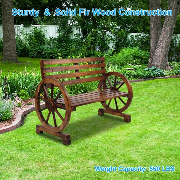 Rustic Outdoor Wooden Wagon Wheel Bench for 2, Solid Fir Garden Loveseat with Slatted Seat and Back, Sturdy Brown Patio Seating Decor for Porch, Backyard or Lawn, Vintage Country Style Furniture