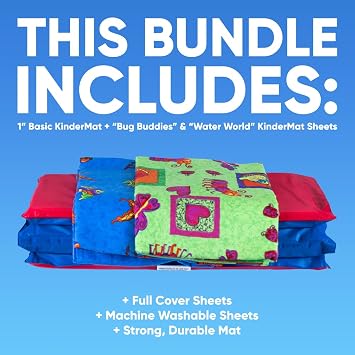 1 Basic KinderMat + 2 KinderMat Sheets Bundle - Full Nap Mat and Washable Covers - 47 x 22, Special Edition - Bug Buddies and Water World - Value Bundle Great for Daycare & Family Households