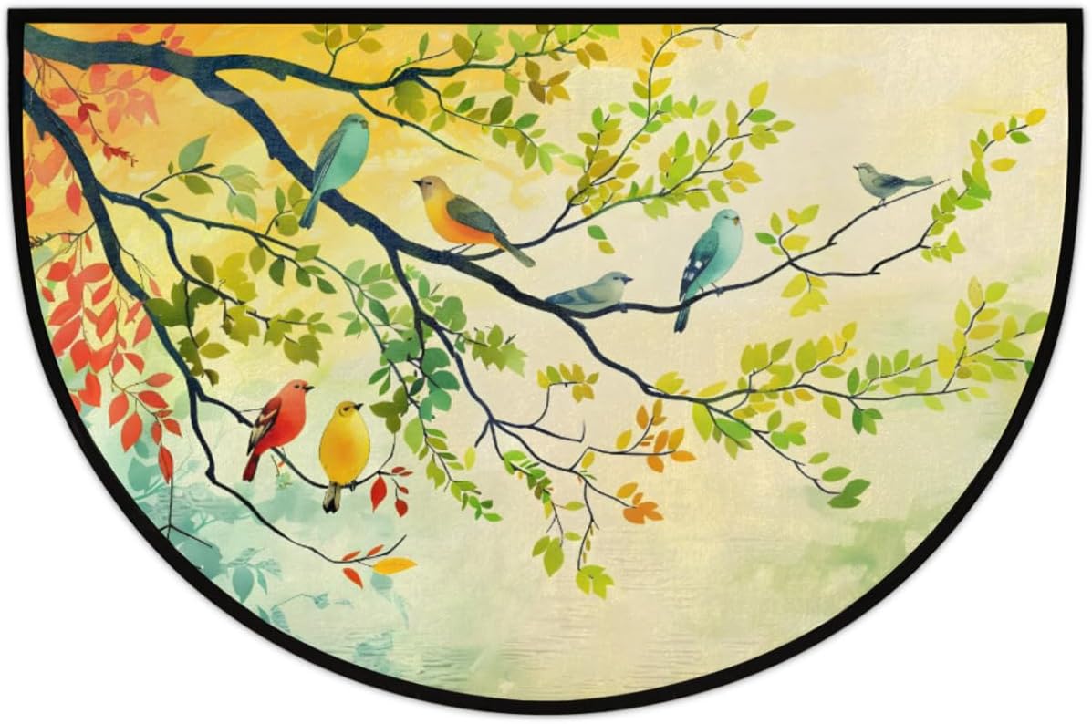 Birds Branches Colorful Half Round Door Mat Non-Slip Welcome Entryway Soft Area Rug Absorbent Bathroom Rugs Wear Resistant Indoor Kitchen Mats 24 x 36 in for Home Deck Patio Garage
