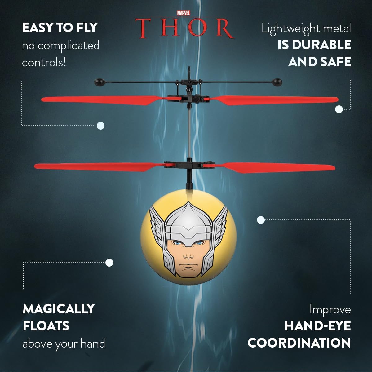 World Tech Toys Marvel Thor Flying Toy – Motion Sensing Flying Ball with USB Charging - Marvel Licensed - Indoor/Outdoor Drone for Kids Ages 6+