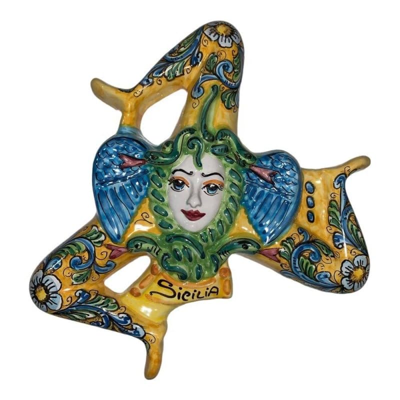 Trinacria in Ceramica siciliana Decorata a Mano - Misure cm 35 Barocco Fondo Giallo