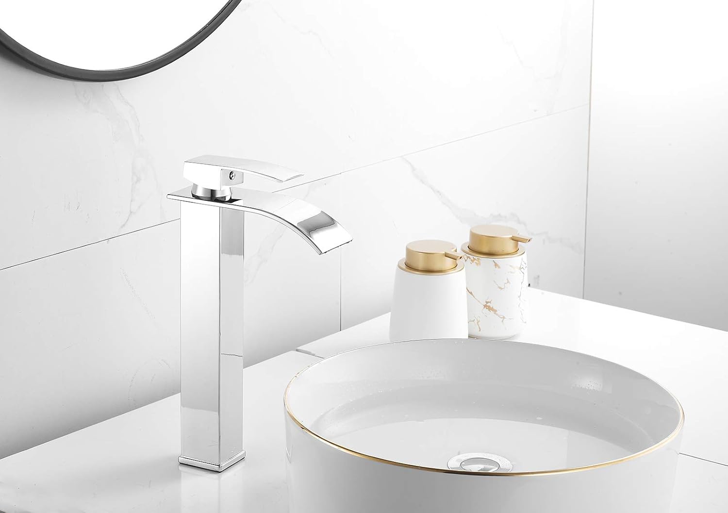 Chrome Bathroom Vessel Sink Faucet Waterfall Bathroom Faucet Tall Single Handle One Hole Lavatory Sink Bowl Mixer Tap Deck Mount Commercial