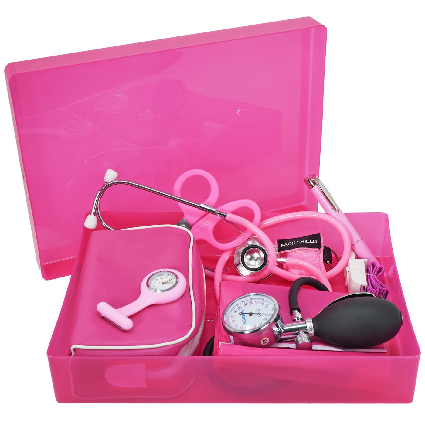 Ensemble d'instruments d'infirmière rose – Kit médical 7 pièces avec stéthoscope, manchette BP, montre et plus – Idéal pour les infirmières et les étudiants