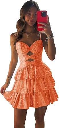 Short Homecoming Dresses Tiered Sparkly Orange Sequin HOCO Dress A Line Cut Out Backless 2025 Cocktail Party Gowns 6