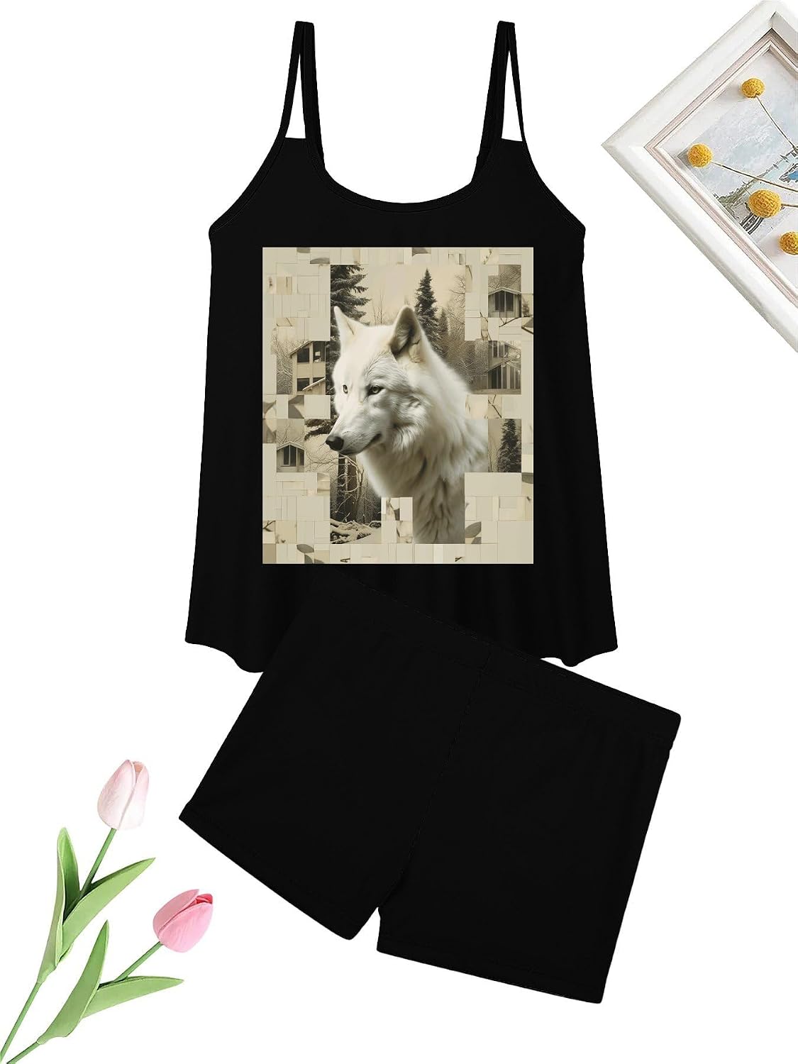Wolves and Their Home Tankini Swimsuits for Women Tummy Control Two Piece Bathing Suits Swim Tops with Boy Shorts