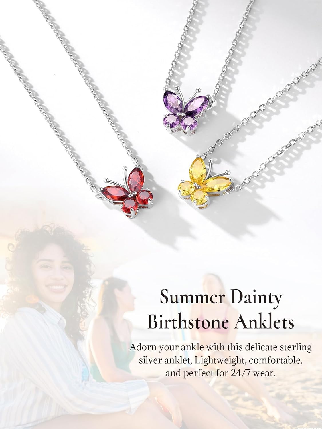 SILVERCUTE Silver Anklets for Women Cute Butterfly Jewelry 925 Sterling Silver Anklets Waterproof Summer Beach Foot Bracelet January to December Birthstone Anklet 22-27cm