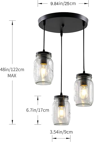 Miniatura 5 de Lámparas de tarro de masón, 3 luces de casa de campo, lámpara colgante de tarro de cristal lámpara de techo ajustable para cocina, comedor, pasillo