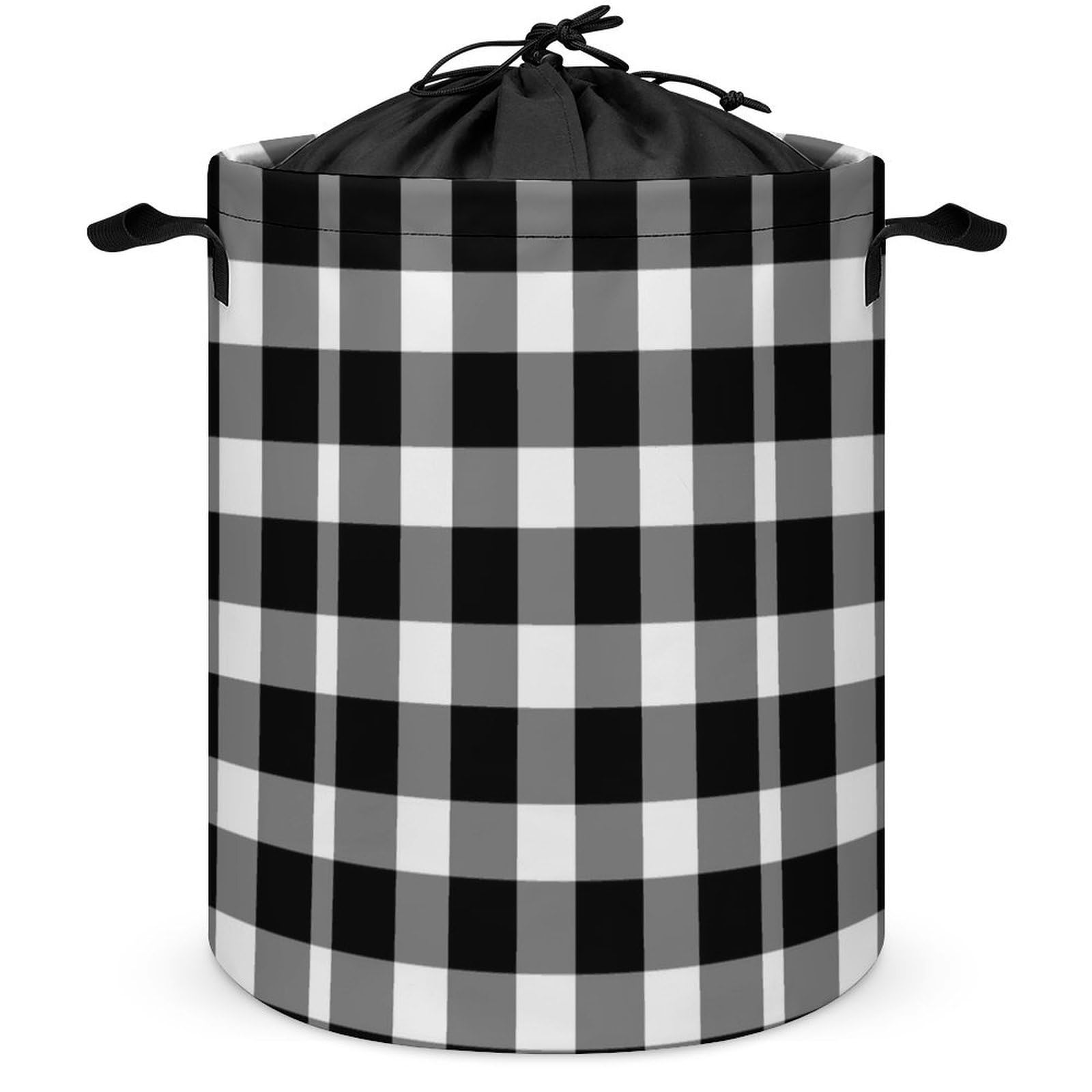 Qjjinxior Drawstring Laundry Hamper, Black Plaid Laundry Basket, Washing Basket with Handle