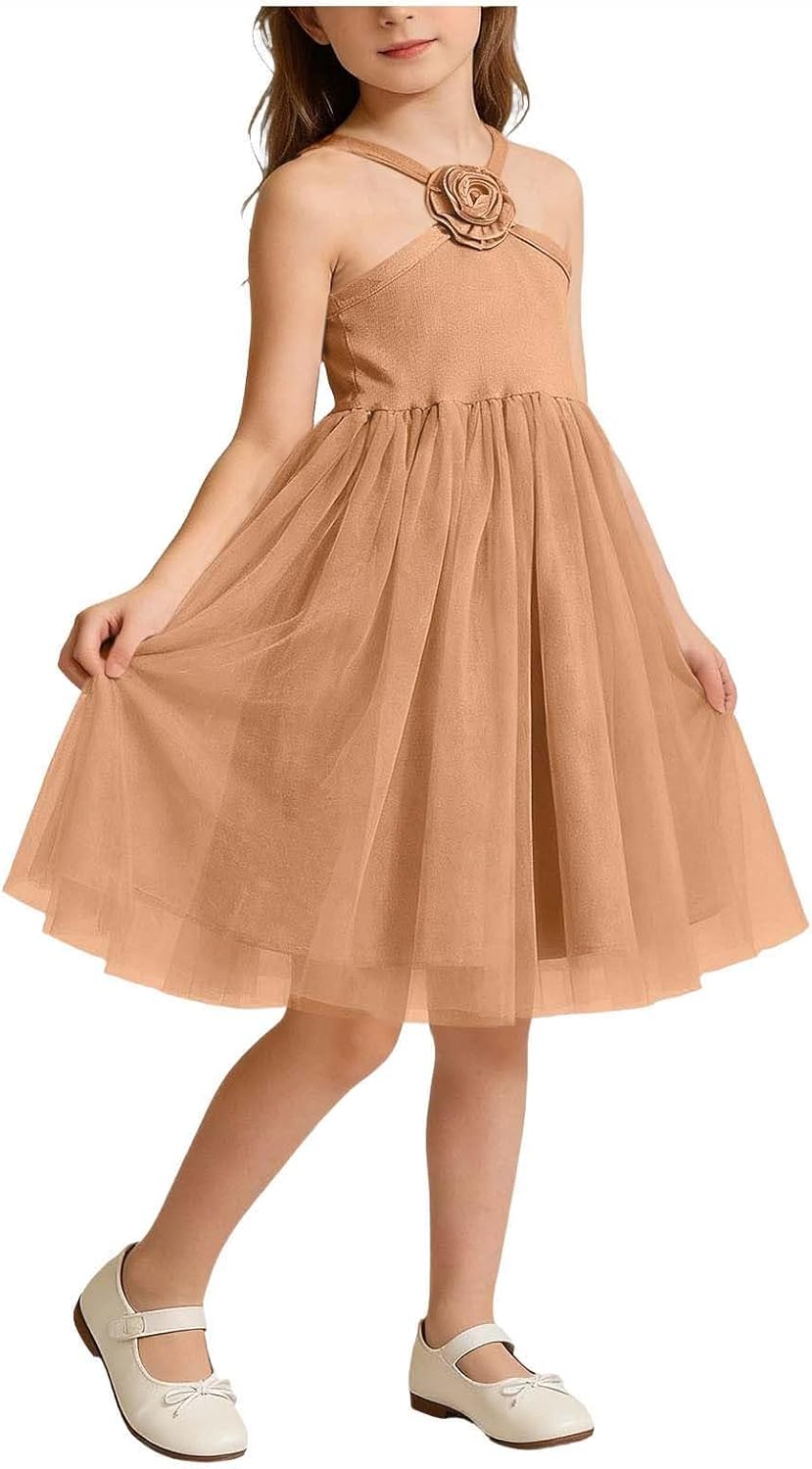 Toddler Girls Tulle Halter Midi Dress Summer Sleeveless Mesh Floral Birthday Party Princess Dresses for Kids