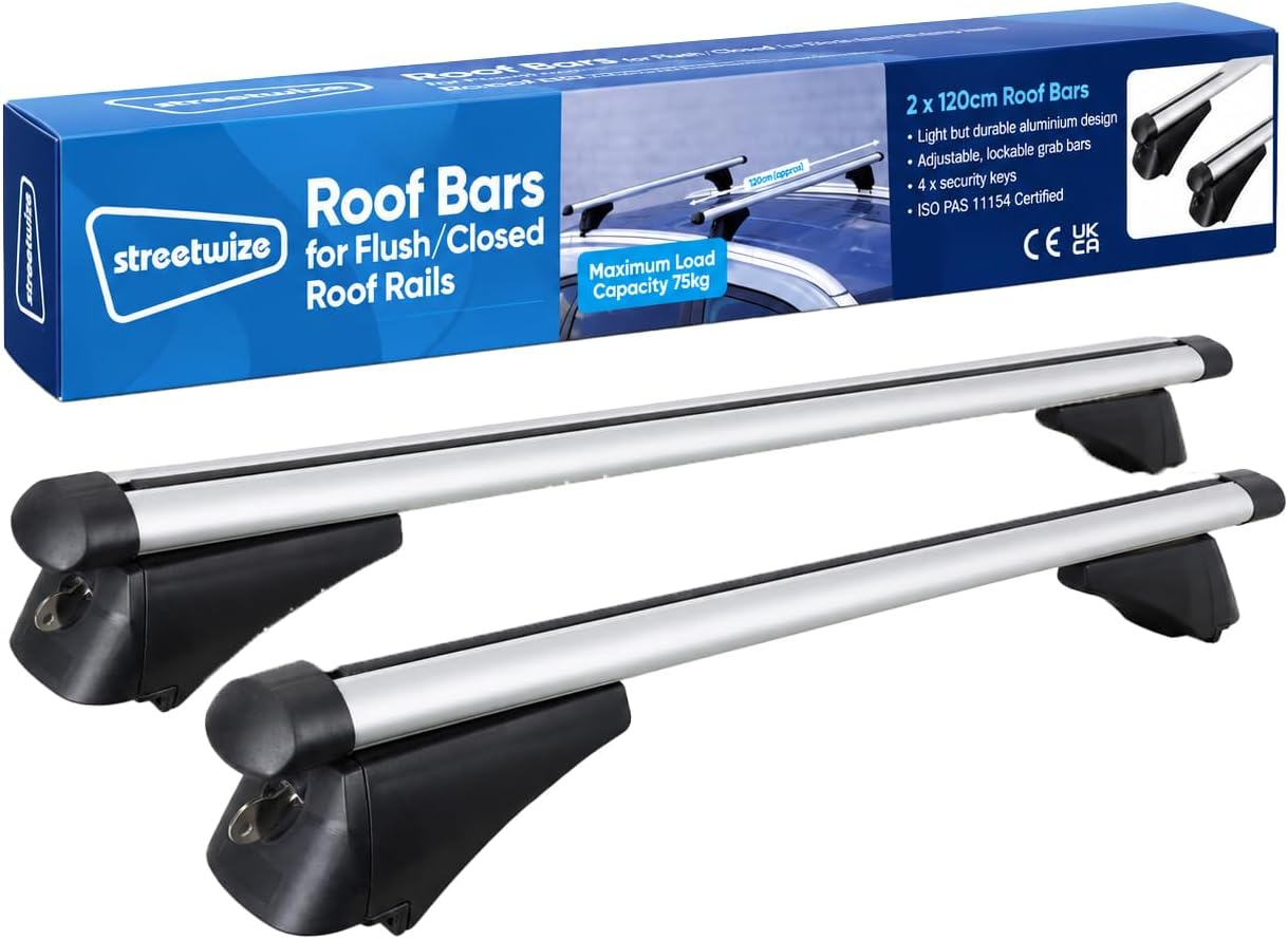 Streetwize - Roof Bar for Flush/Closed Roof Rails | Aluminium Roof Bars, Supplied with 4 Keys | Anti-Theft Locking Roof Bars - 75kg Max Load | Cars, 4x4's (120cm)