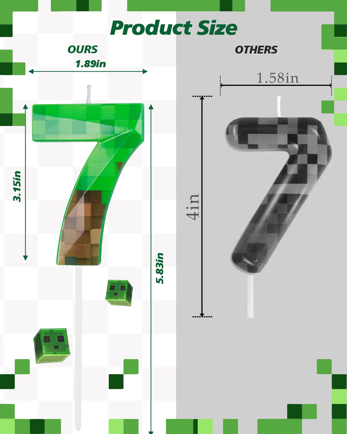 Bougie d'anniversaire en forme de pixel vert en forme de chiffre 7 - 6,8 cm - Bougie sur le thème du jeu - Décoration d'anniversaire sur le thème des pixels, fête de jeu vidéo dynamite