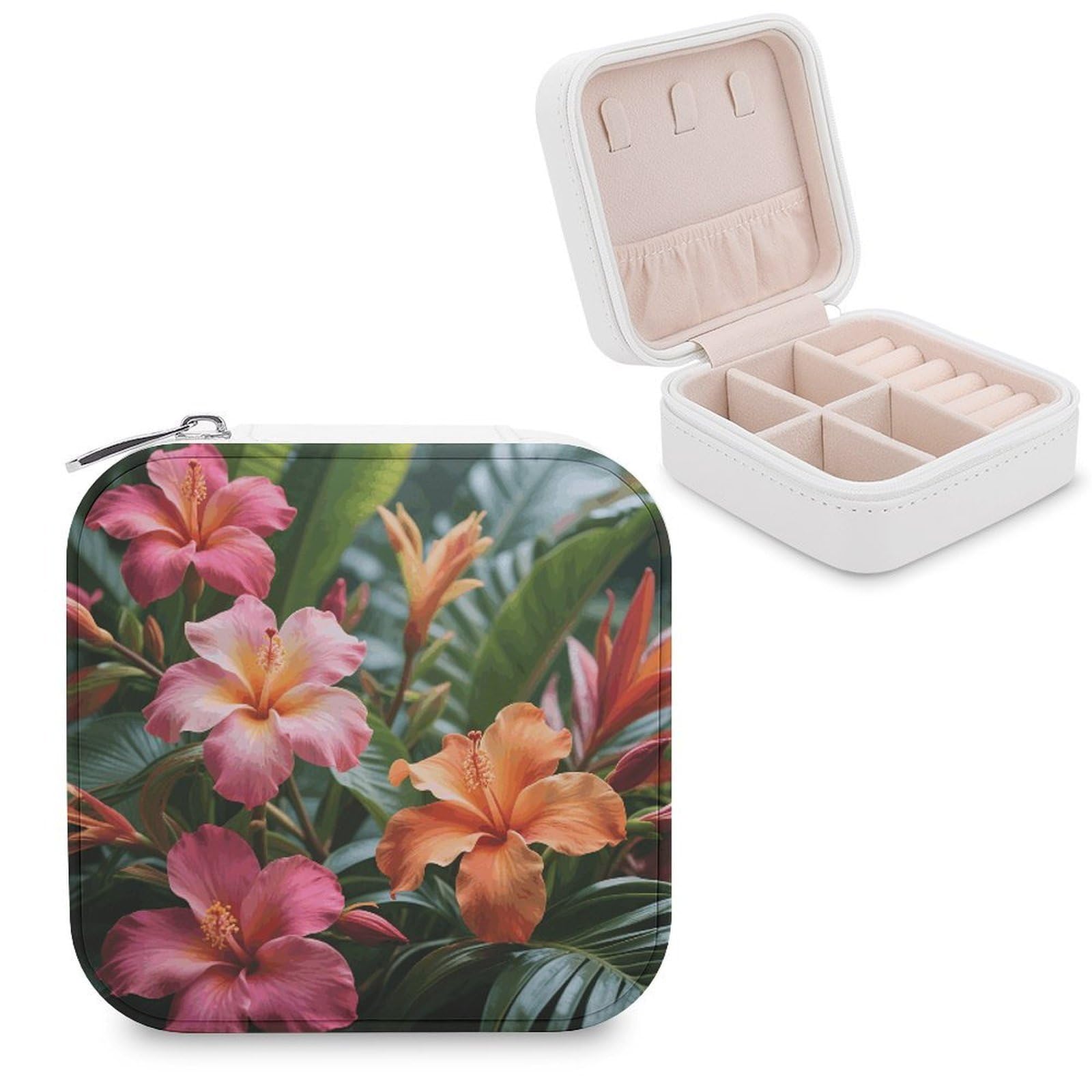 VstaDank Tropical Flowers Jewelry Organizer Travel Case for Women With Zipper Mini Jewelry Case PU Leather Jewelrys Box for Rings Necklaces Bracelets Earring Holder Organizer Storage
