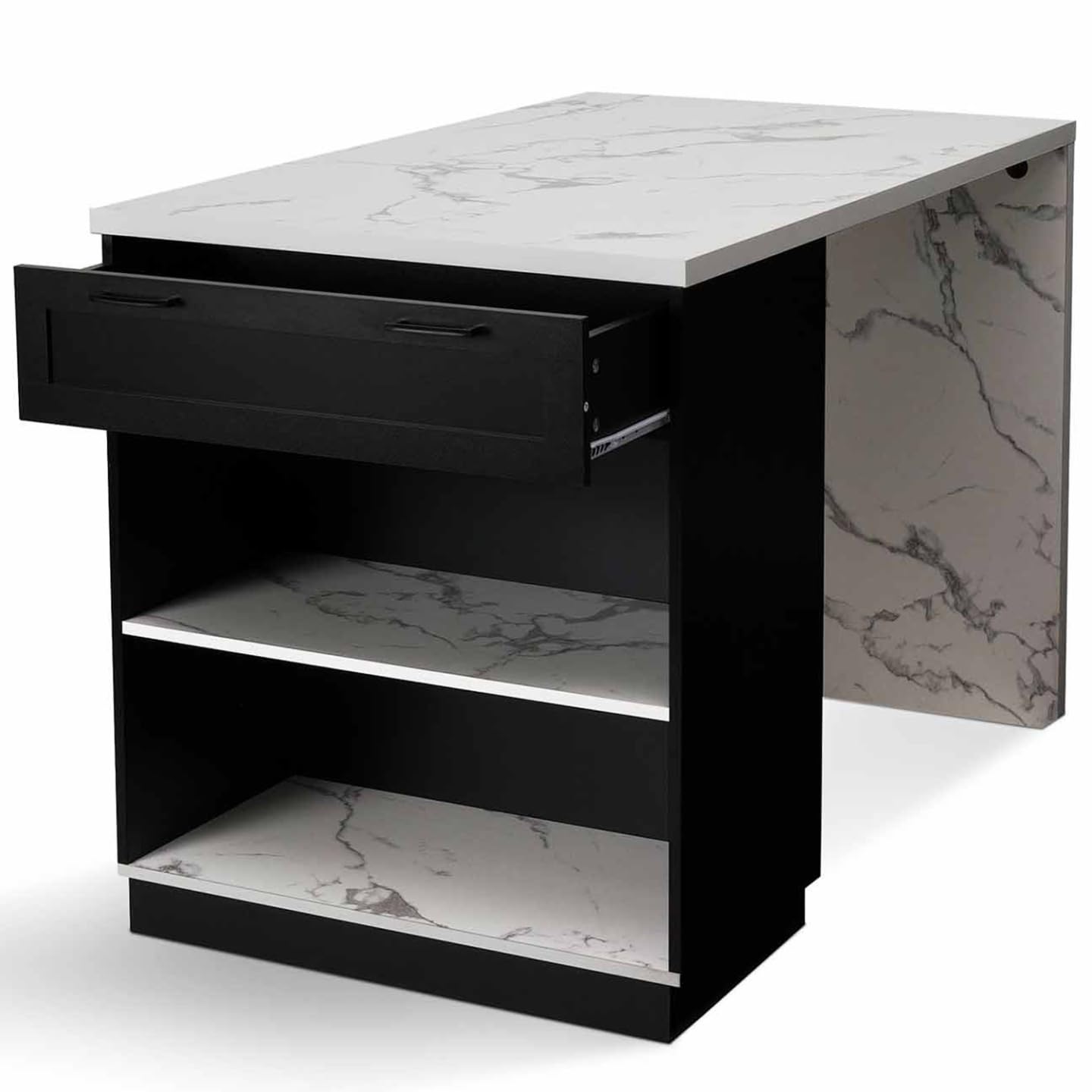 IDMarket - Ilot Central Mange Debout 4 Personnes VITO 130 cm Noir et Plateau Effet marbre Alaska
