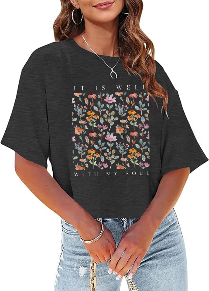 Womens Crop Top T Shirt Wildflower Graphic Tees Short Sleeve Summer Casual Loose Beach Adventure Tops
