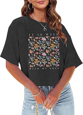 Womens Crop Top T Shirt Wildflower Graphic Tees Short Sleeve Summer Casual Loose Beach Adventure Tops