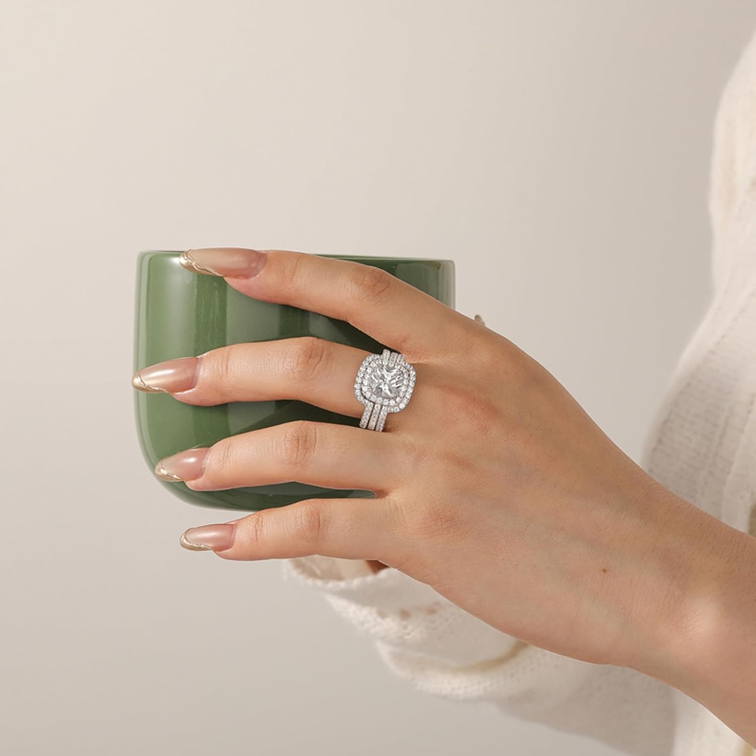 Jeulia 2PCS Wedding Bridal Band Ring Enhancer Engagement Ring Set for Women Halo Split Shank Cushion Cut 925 Sterling Silver Ring Romantic Anniversary Promise Gift with Jewelry Box