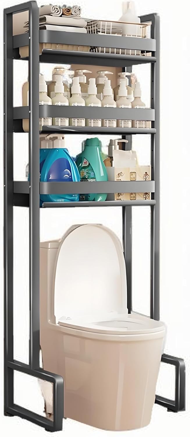 Over The Toilet Storage Cabinet Shelf, Freestanding Bathroom Rack, Toilet Storage Rack with Anti-Tip Device, Bathroom Stand Organizer Space Saver with Adjustable Shelf(Black)