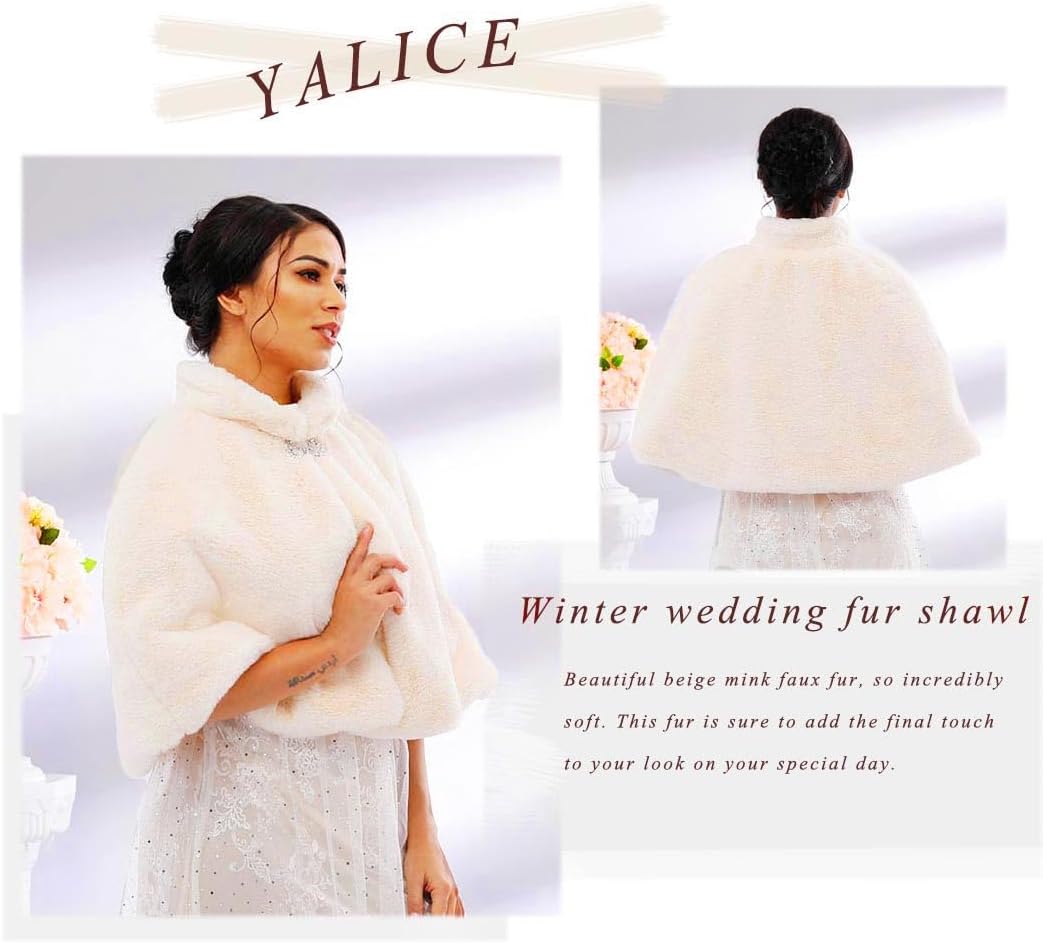 Yalice Women's Wedding Faux Fur Shawl and Wrap Bridal Fur Stole Cloak Cape Fur Scarf for Bride and Bridesmaids - Image 3