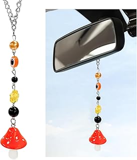 Car Rearview Mirror Mushroom Charm, Car Hanging Ornament Resin Mushroom Pendant for Women Girls, Lucky Mushroom Beaded Decor Universal Rear View Mirror Charm for Vehicle Home Office (Orange)